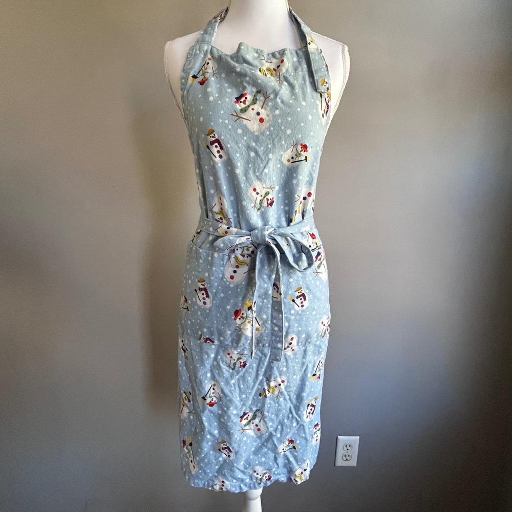 Crate & Barrel Snowman Apron Light Blue Cotton Holiday Winter Christmas Print
